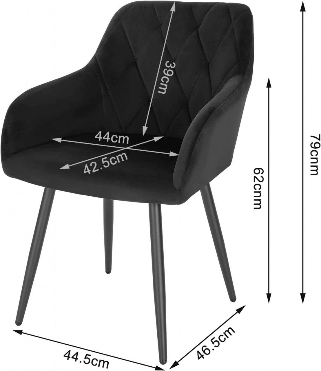 24goodz Velvet Dining Chairs with Armrests - Ergonomic Comfort - Sturdy Metal Legs - Black - Set of 2 - sz