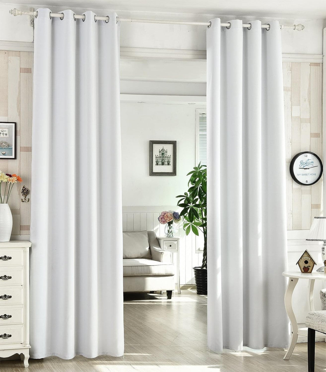 24goodz Set of 2 Eyelet Curtains - Lightweight & Energy-Saving - 100% Polyester - For Home & Office - White/Gray 135x225 cm - ws