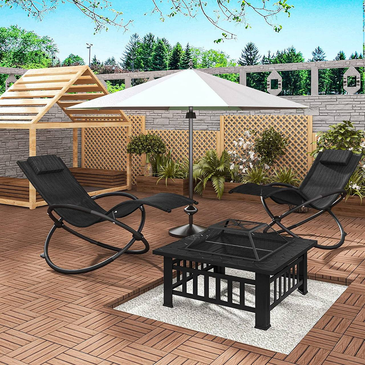 24goodz Set of 2 Garden Loungers - Comfortable Rocking Design - Foldable - Textilene Fabric - For Outdoor Relaxation - Gray/Black/Light Gray/Beige - sz