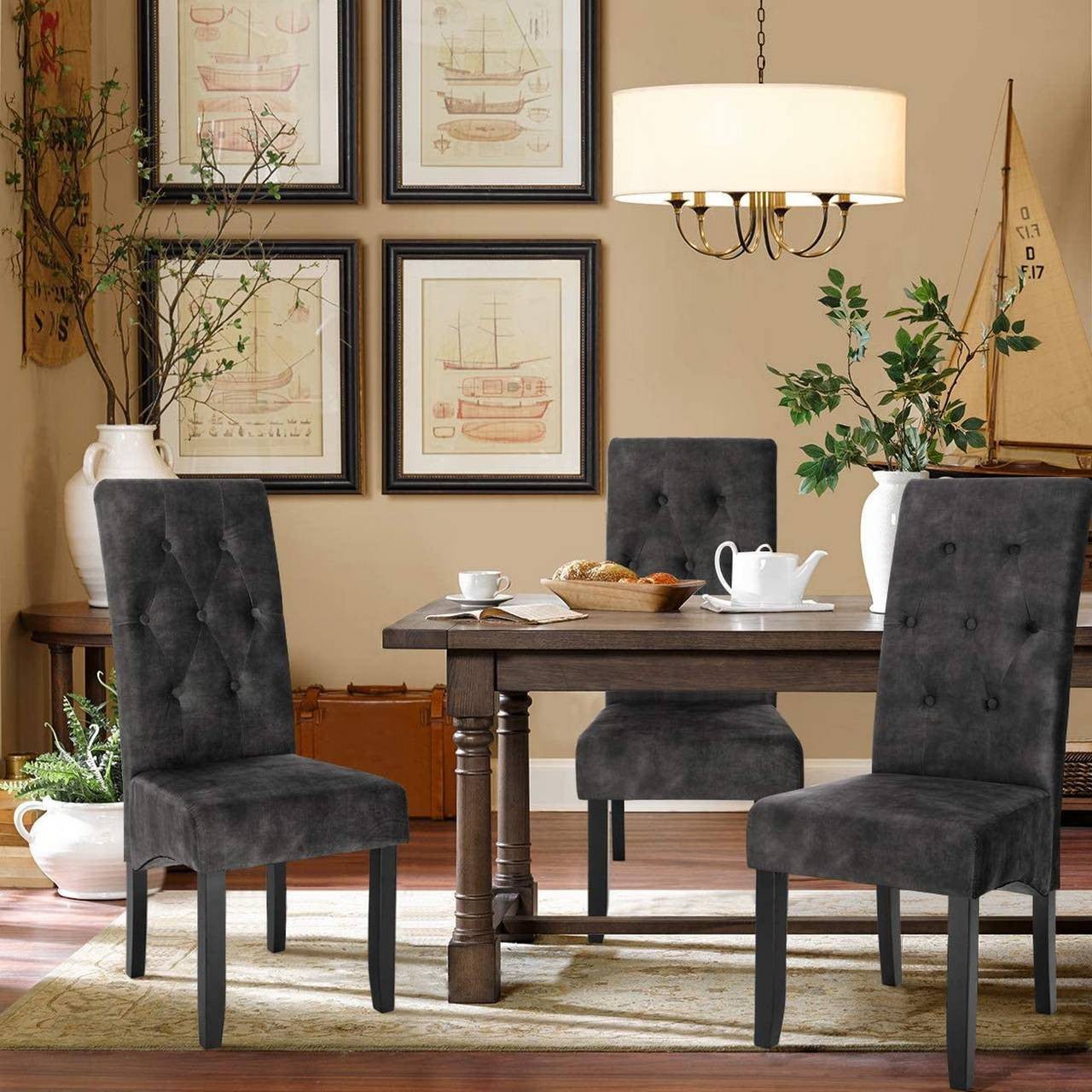 24goodz Set of 2 Dining Chairs with High Backrest - Elegant Velvet Upholstery - Solid Wood Legs - Dark Grey - dgr