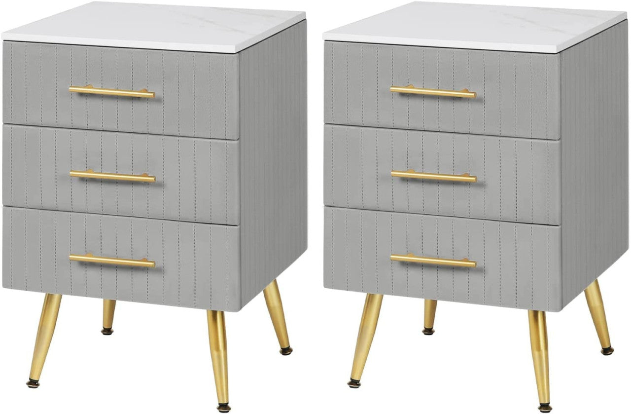 24goodz Nightstand with 3 Spacious Drawers - Elegant Design - MDF and Metal - For Bedroom and Living Room - Grey