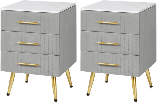 24goodz Nightstand with 3 Spacious Drawers - Elegant Design - MDF and Metal - For Bedroom and Living Room - Grey