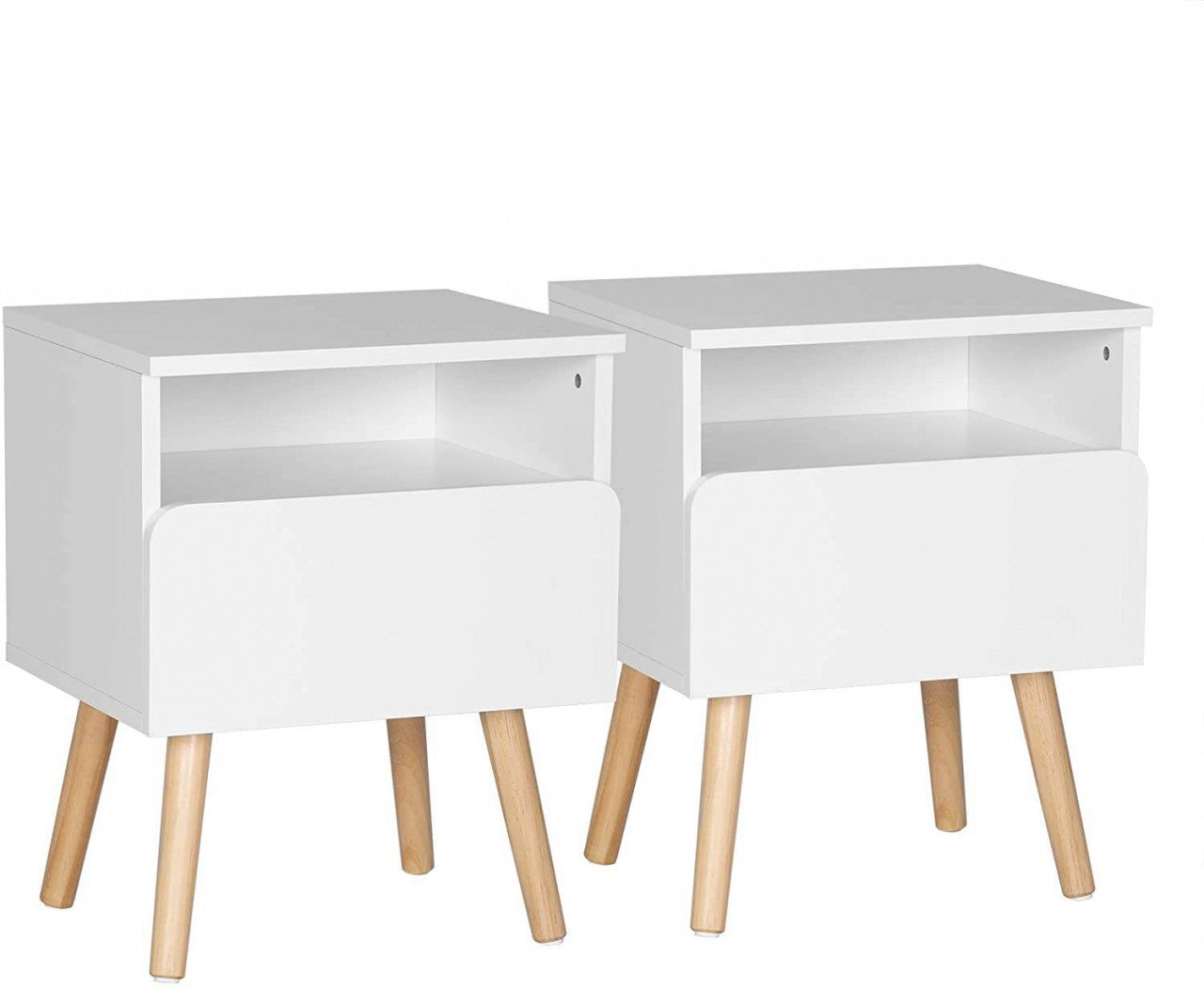 24goodz Nightstand with Drawer and Open Compartment - Space-Saving Design - MDF and Solid Wood - For Bedroom or Living Room - White and Wood Colour - ws