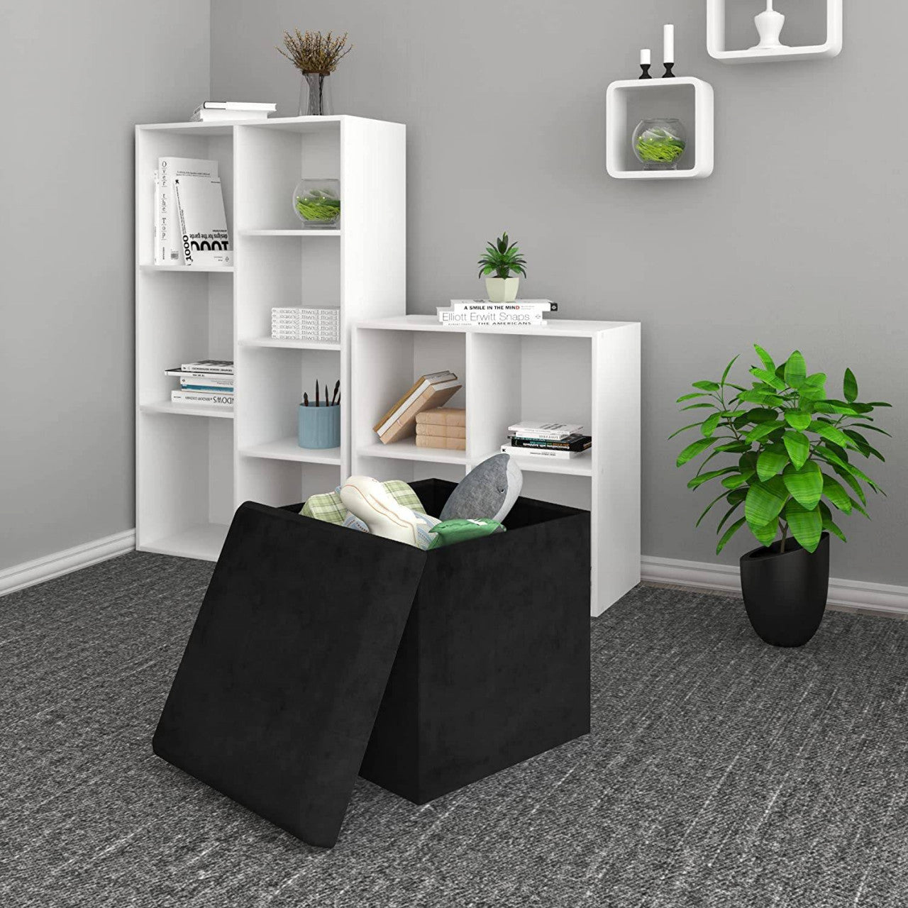 24goodz Set of 2 Ottomans - Stylish Storage Solution - Foldable Design - MDF and Velvet - Black/Gray - 37.5x37.5x38cm - sz