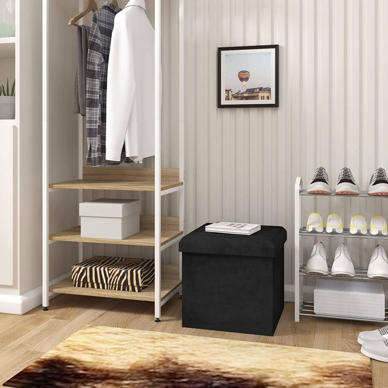 24goodz Set of 2 Ottomans - Stylish Storage Solution - Foldable Design - MDF and Velvet - Black/Gray - 37.5x37.5x38cm - sz