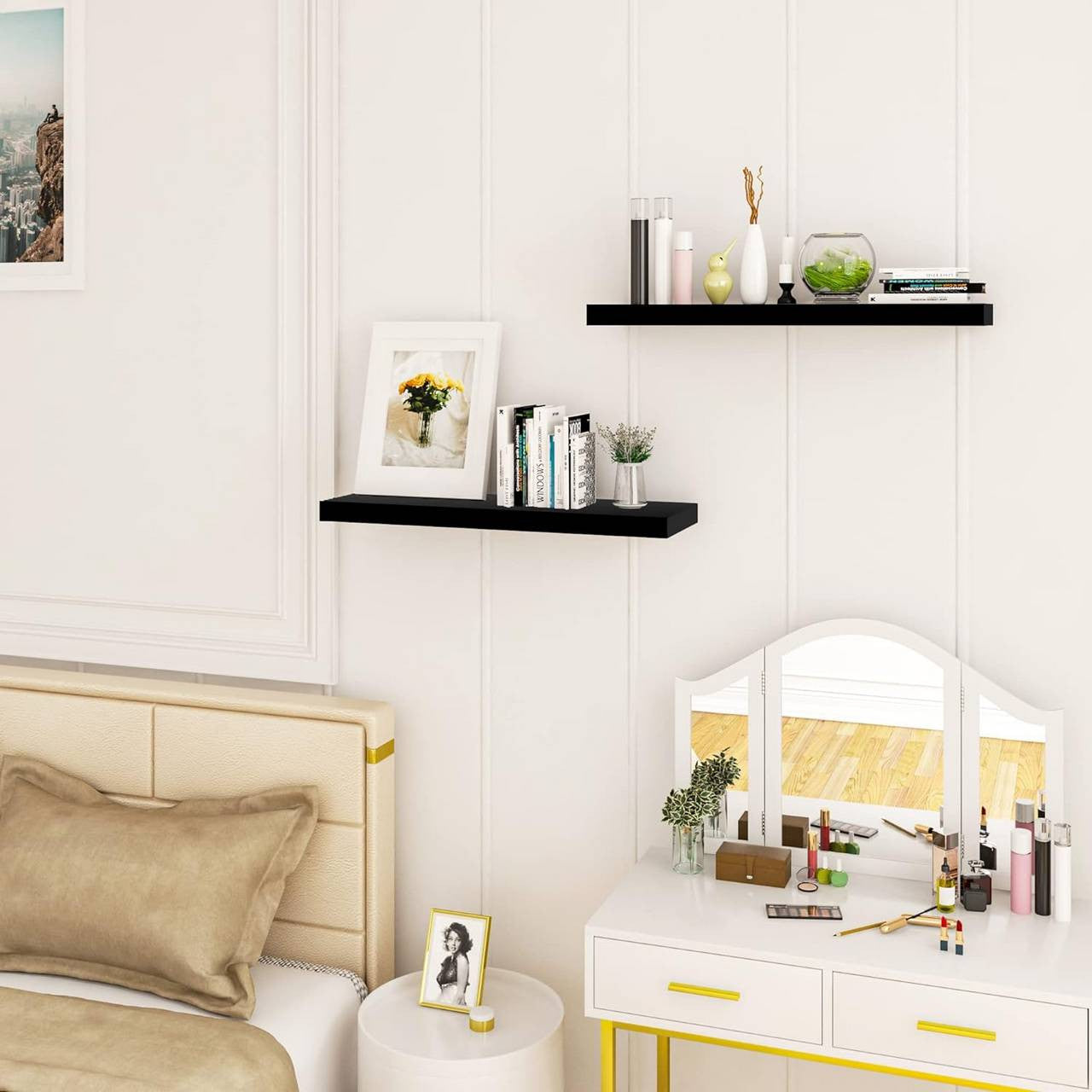 24goodz Set of 2 Floating Shelves - High-Quality MDF - Easy to Mount - White - 60x22.9x3.8cm - sz