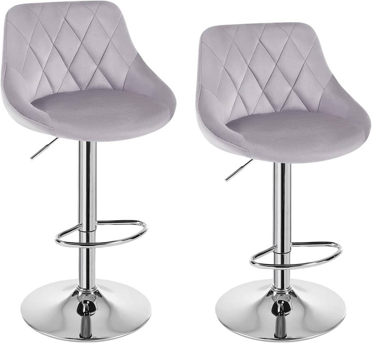 24goodz Set of 2 Bar Stools - Ergonomic Comfort - Adjustable Height - Velvet - For Home & Kitchen - Light Grey - hgr
