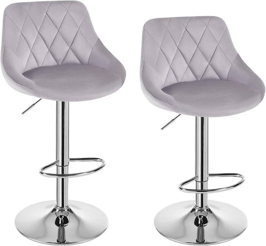 24goodz Set of 2 Bar Stools - Ergonomic Comfort - Adjustable Height - Velvet - For Home & Kitchen - Light Grey - hgr