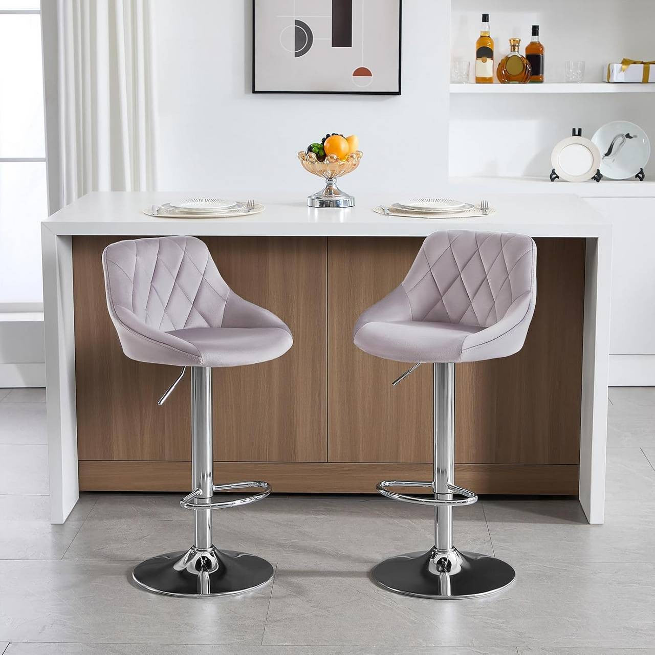 24goodz Set of 2 Bar Stools - Ergonomic Comfort - Adjustable Height - Velvet - For Home & Kitchen - Light Grey - hgr