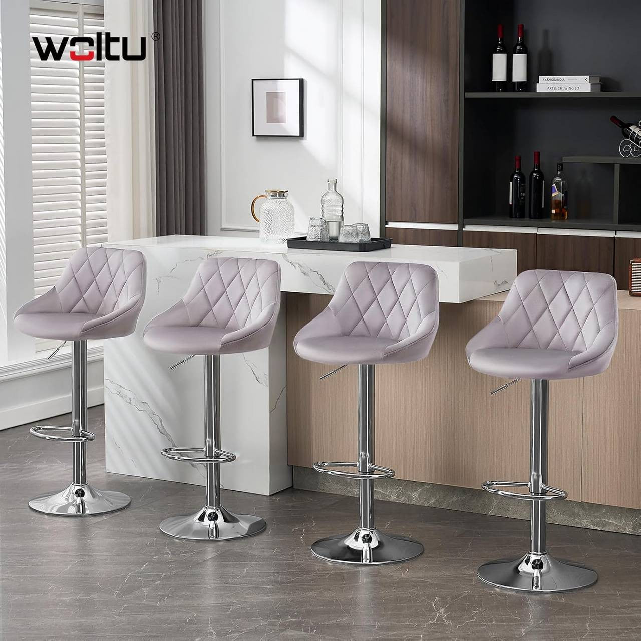 24goodz Set of 2 Bar Stools - Ergonomic Comfort - Adjustable Height - Velvet - For Home & Kitchen - Light Grey - hgr