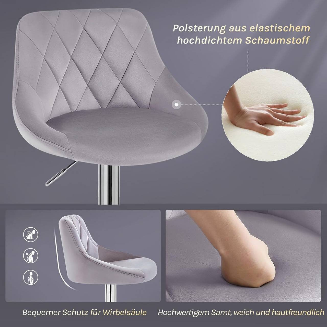 24goodz Set of 2 Bar Stools - Ergonomic Comfort - Adjustable Height - Velvet - For Home & Kitchen - Light Grey - hgr