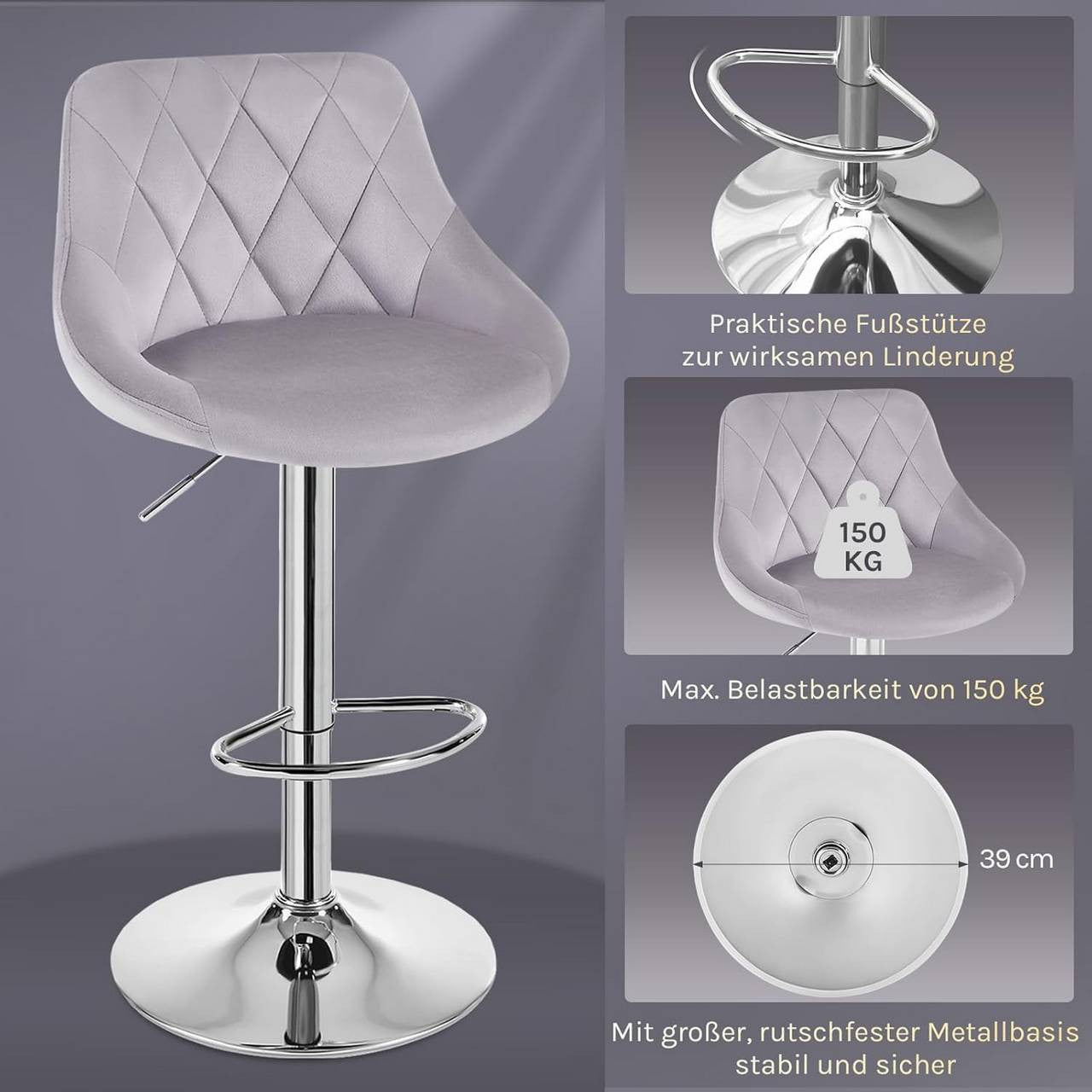 24goodz Set of 2 Bar Stools - Ergonomic Comfort - Adjustable Height - Velvet - For Home & Kitchen - Light Grey - hgr