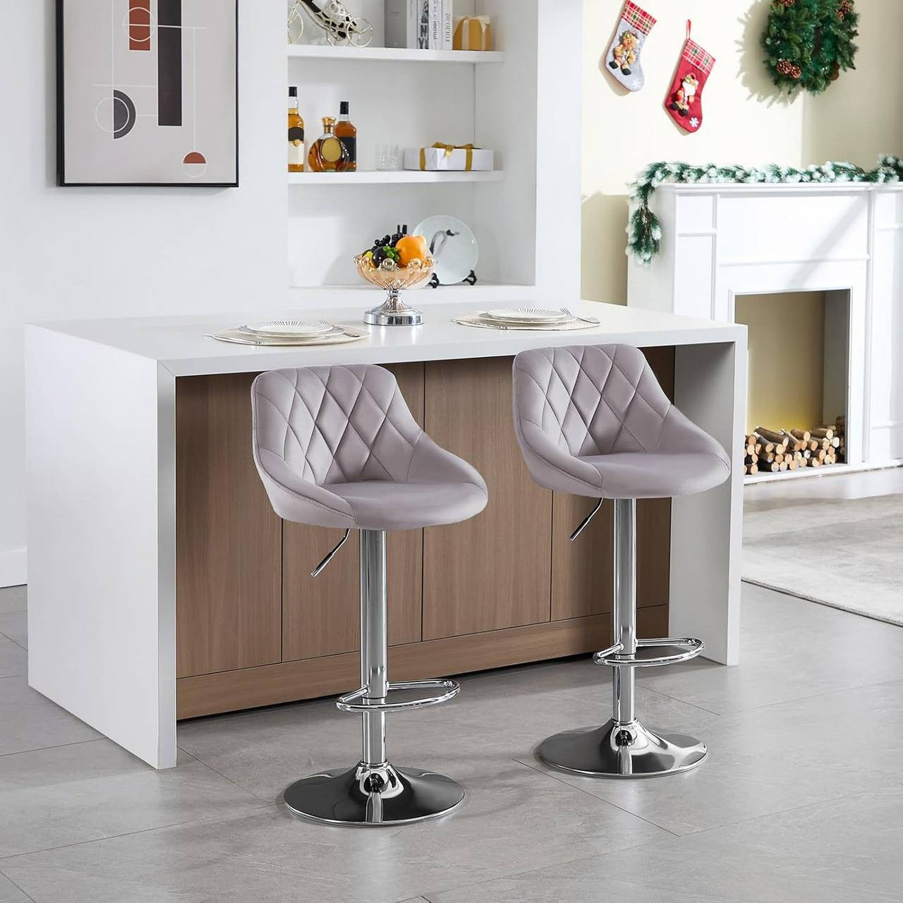 24goodz Set of 2 Bar Stools - Ergonomic Comfort - Adjustable Height - Velvet - For Home & Kitchen - Light Grey - hgr