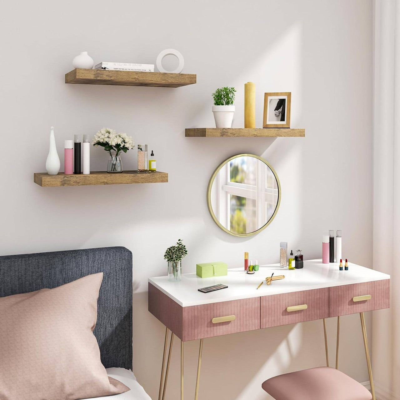 24goodz Set of 3 Floating Wall Shelves - Stylish and Versatile Design - MDF Wood - For Any Room - Vintage Brown - hov