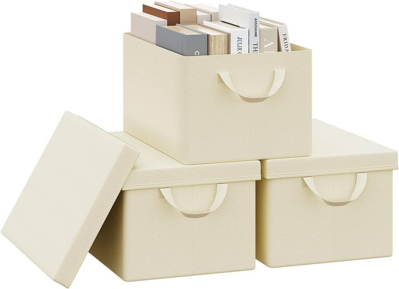 24goodz Set of 3 Storage Boxes with Lids - High-Quality Materials - Versatile Design - Polyester - For Organizing Your Home - Cream