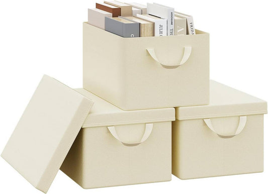 24goodz Set of 3 Storage Boxes with Lids - High-Quality Materials - Versatile Design - Polyester - For Organizing Your Home - Cream