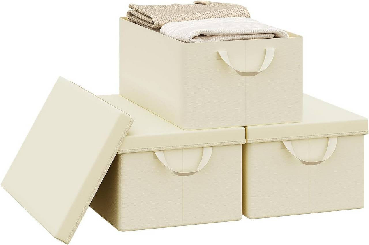 24goodz Set of 3 Storage Boxes with Lids - Durable and Versatile - Kationic Polyester - For Home Organization - Cream