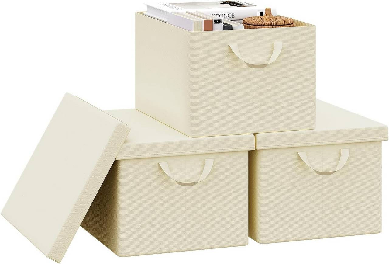 24goodz Set of 3 Storage Boxes with Lids - Versatile and Space-Saving - Polyester and Steel - For Home Organization - Cream