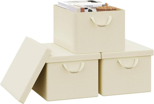 24goodz Set of 3 Storage Boxes with Lids - Versatile and Space-Saving - Polyester and Steel - For Home Organization - Cream