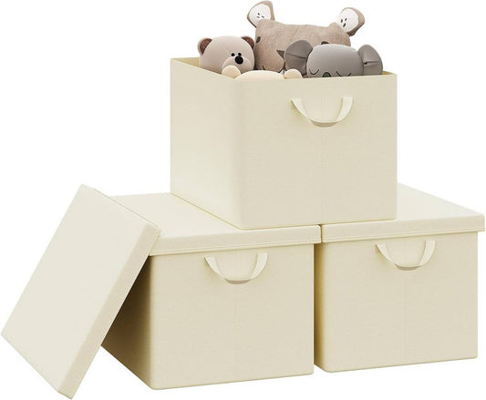 24goodz Set of 3 Storage Boxes with Lids - Versatile Organization Solution - Durable Polyester - For Home & Living - Cream
