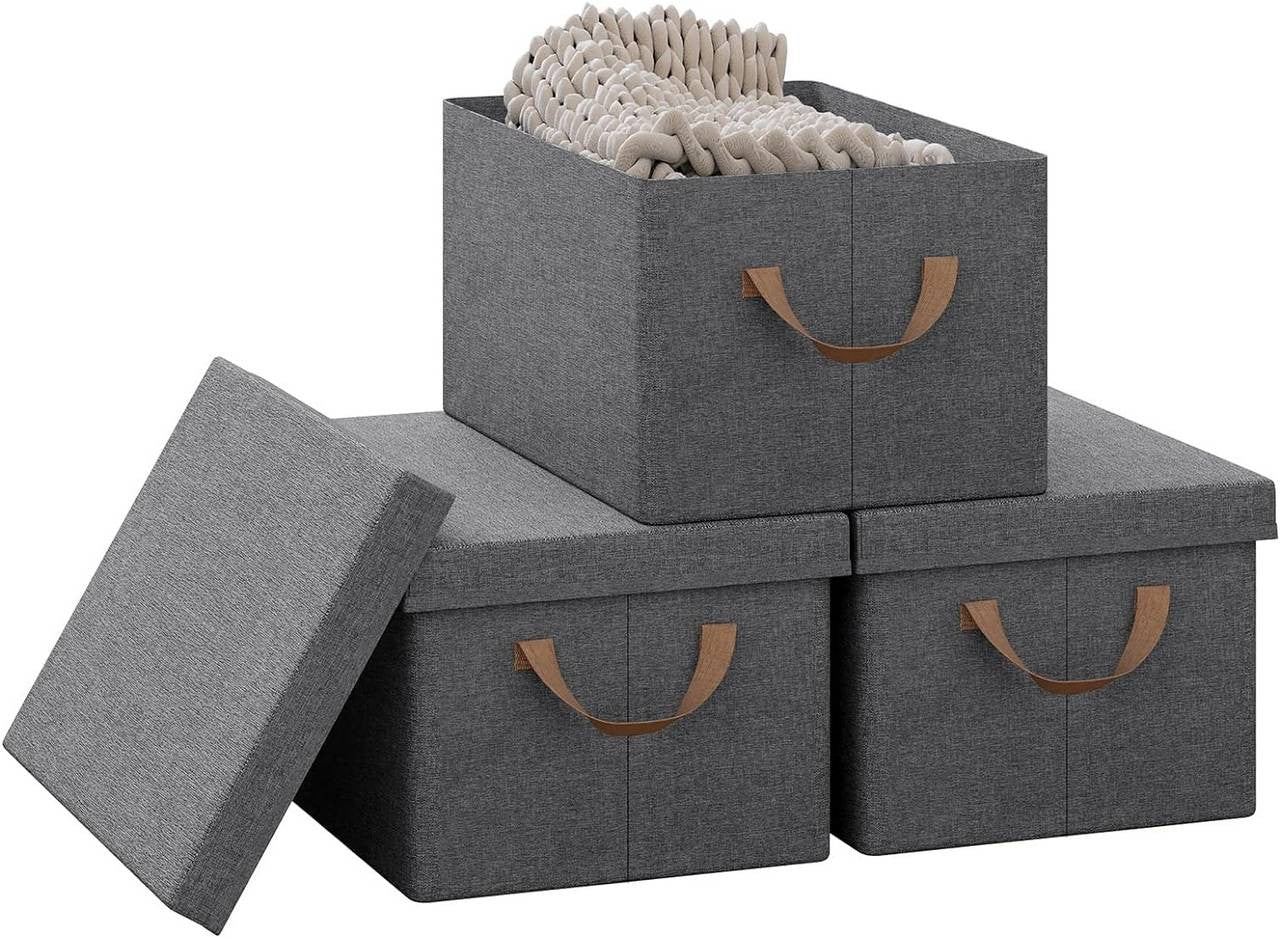 24goodz Set of 3 Storage Boxes with Lid - Space-Saving Design - Durable Polyester - For Home Organization - Grey (38x27x20 cm)