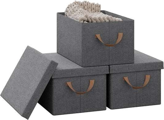 24goodz Set of 3 Storage Boxes with Lid - Space-Saving Design - Durable Polyester - For Home Organization - Grey (38x27x20 cm)