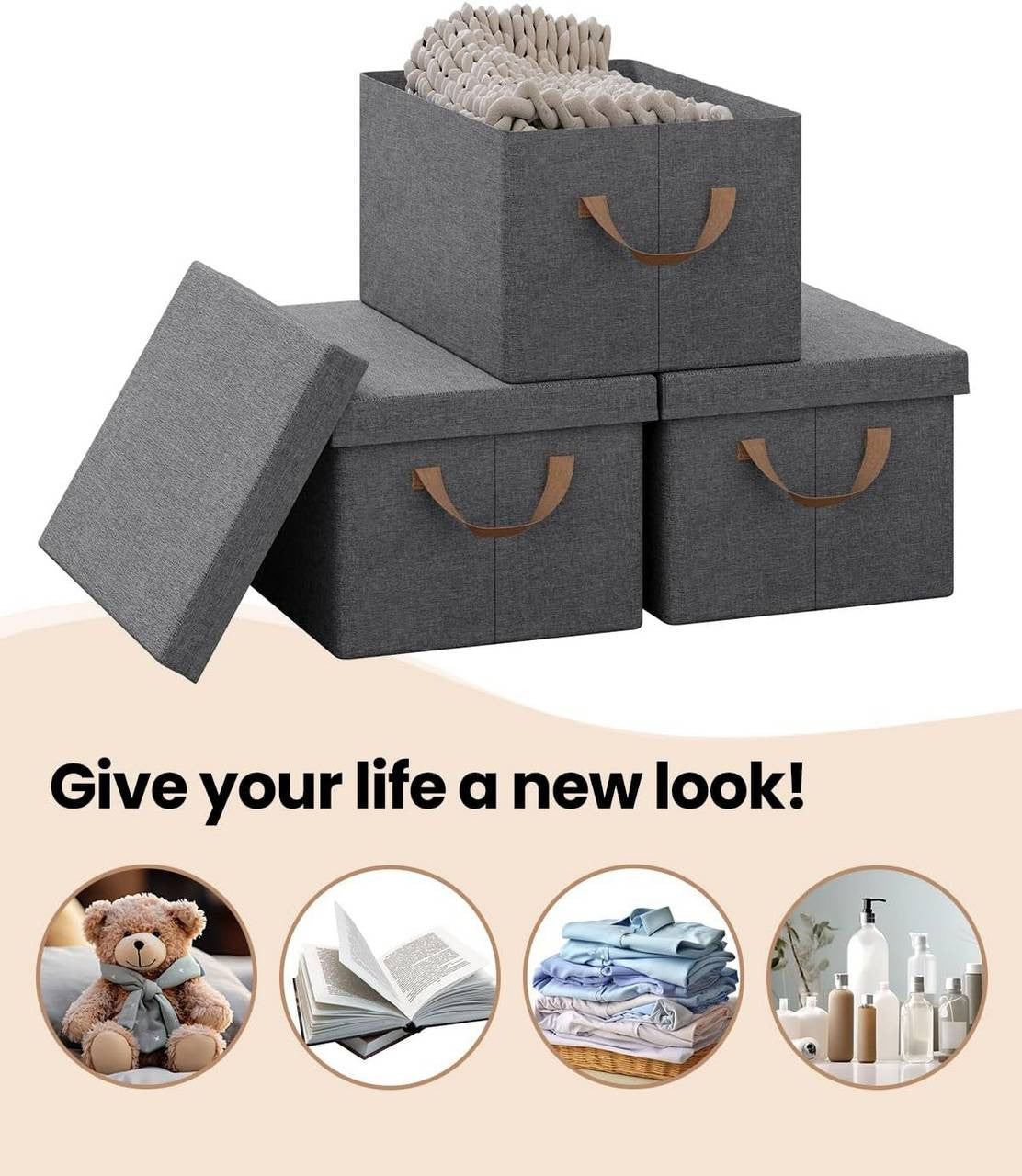 24goodz Set of 3 Storage Boxes with Lid - Space-Saving Design - Durable Polyester - For Home Organization - Grey (38x27x20 cm)
