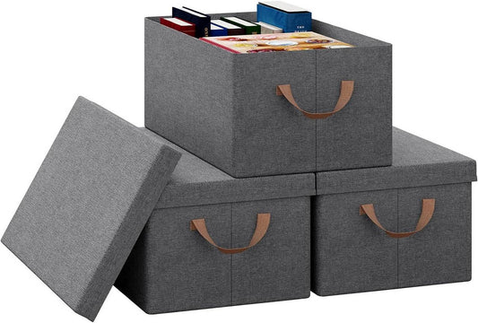 24goodz Set of 3 Storage Boxes with Lid - Versatile and Space-Saving - Polyester - For Home Organization - Grey