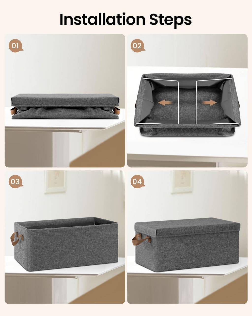 24goodz Set of 3 Storage Boxes with Lid - Versatile and Space-Saving - Polyester - For Home Organization - Grey