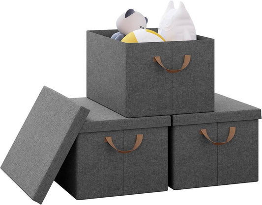 24goodz Set of 3 Storage Boxes with Lid - Space-Saving Design - Durable Polyester - For Home Organization - Grey (43x33x26 cm)