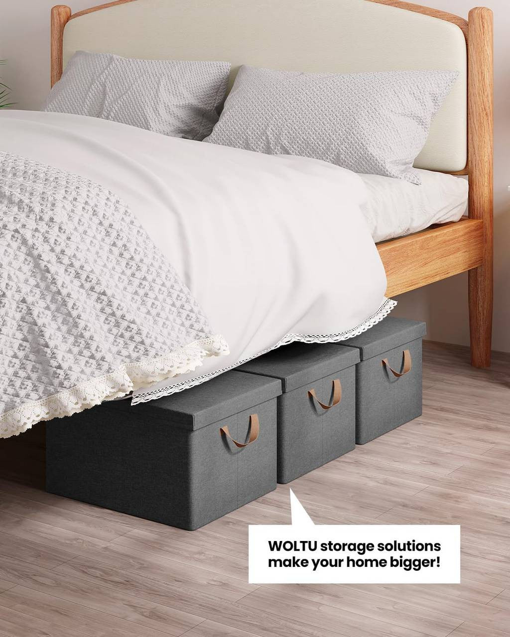24goodz Set of 3 Storage Boxes with Lid - Space-Saving Design - Durable Polyester - For Home Organization - Grey (43x33x26 cm)