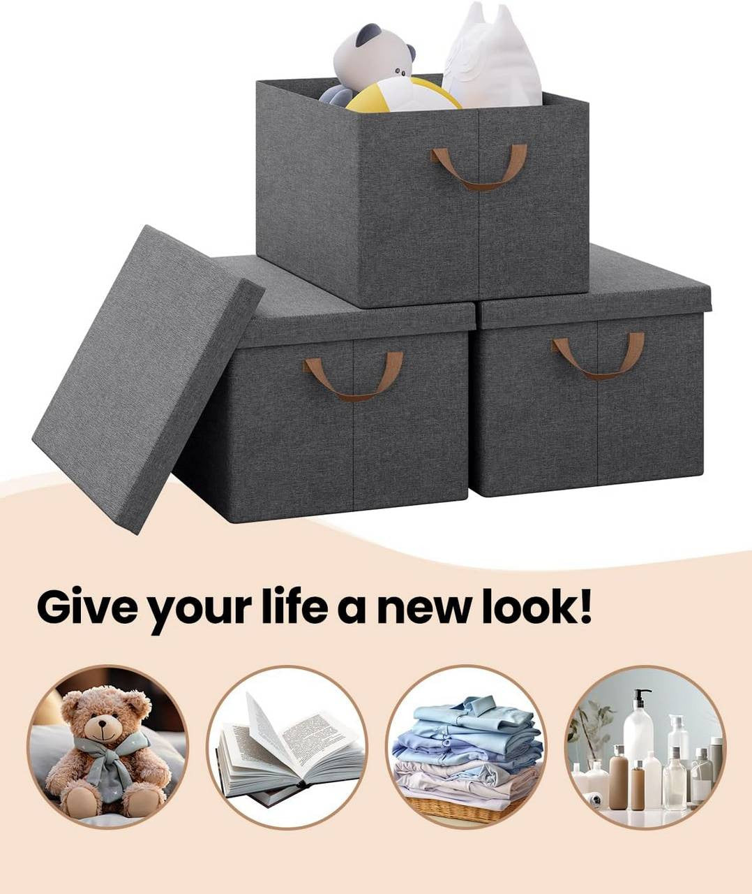 24goodz Set of 3 Storage Boxes with Lid - Space-Saving Design - Durable Polyester - For Home Organization - Grey (43x33x26 cm)