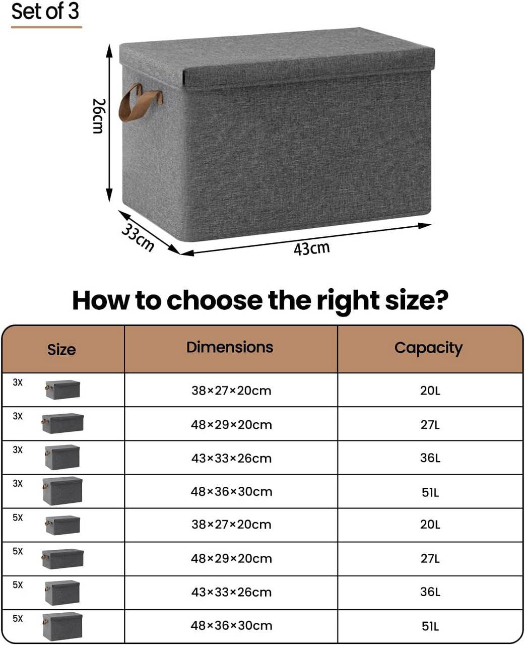 24goodz Set of 3 Storage Boxes with Lid - Space-Saving Design - Durable Polyester - For Home Organization - Grey (43x33x26 cm)