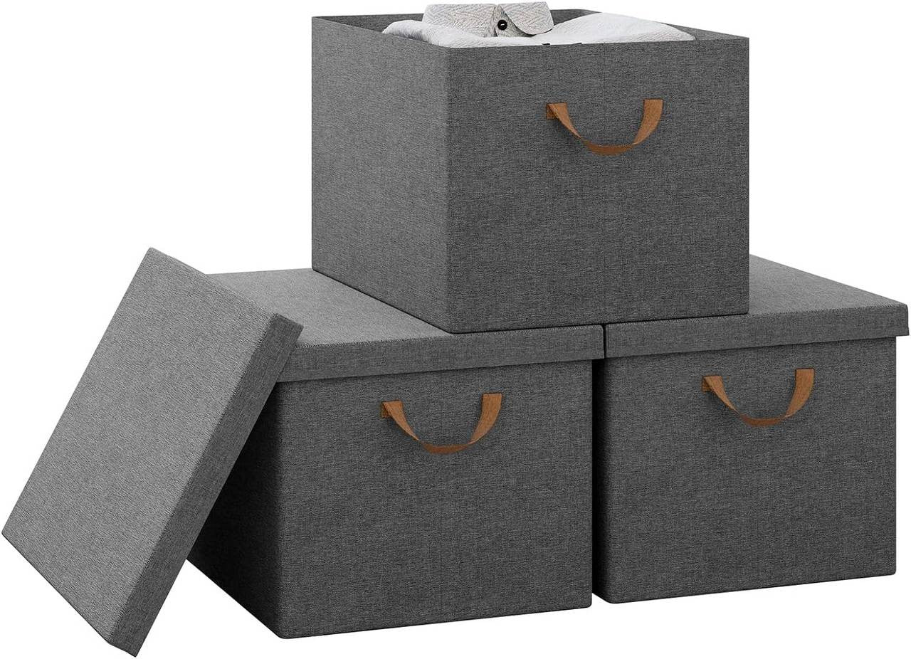 24goodz Set of 3 Storage Bins with Lids - Versatile and Space-Saving - Polyester and Metal - For Home Organization - Grey