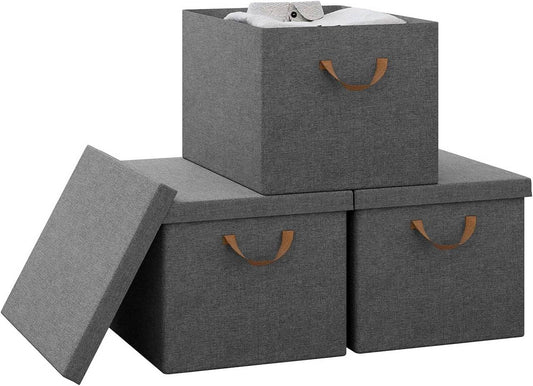 24goodz Set of 3 Storage Bins with Lids - Versatile and Space-Saving - Polyester and Metal - For Home Organization - Grey