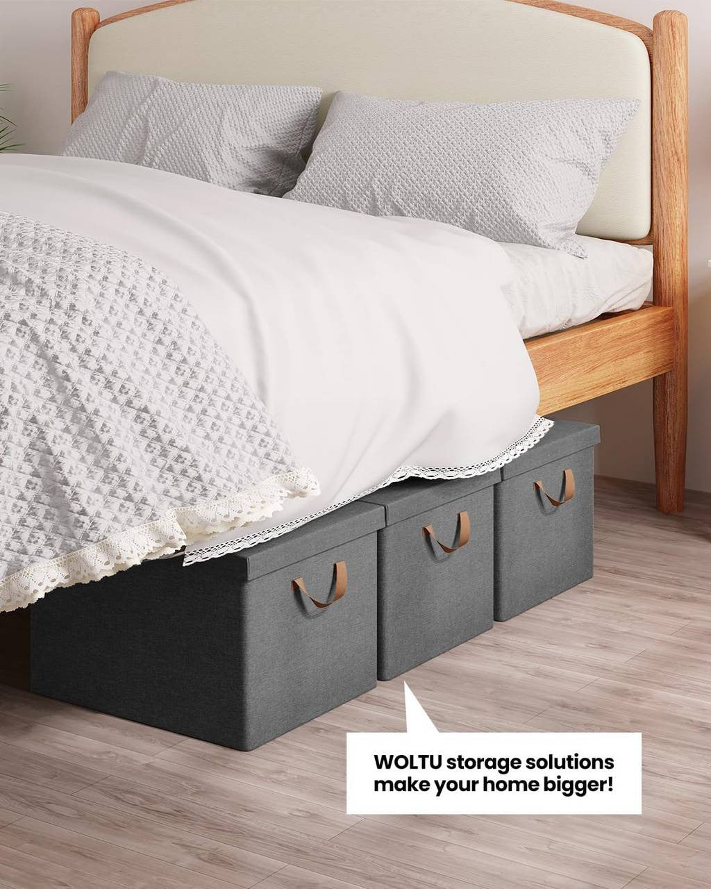 24goodz Set of 3 Storage Bins with Lids - Versatile and Space-Saving - Polyester and Metal - For Home Organization - Grey