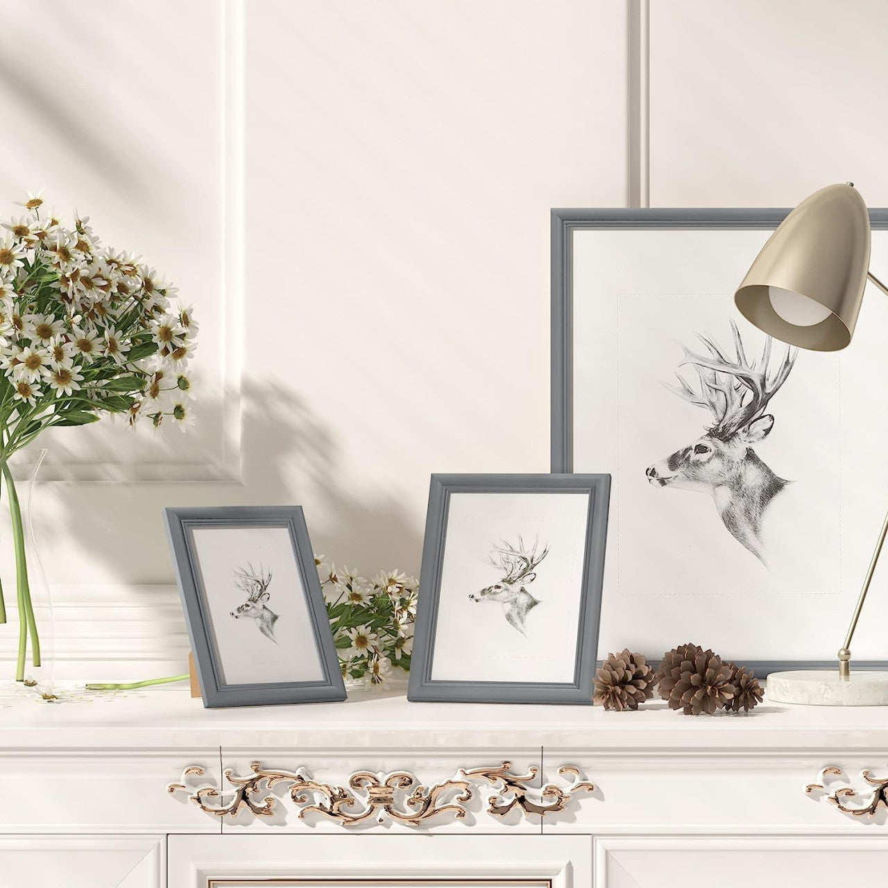 24goodz Set of 3 Wooden Photo Frames with Real Glass - Durable and Stylish - Solid Wood - For Home Decor - Grey