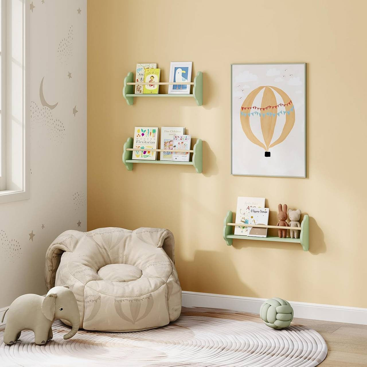 24goodz Set of 3 Children's Bookshelves - Adorable Cloud Design - E1 MDF and Pine Wood - For Kids - 45/55/65 x 12.7 x 23 cm