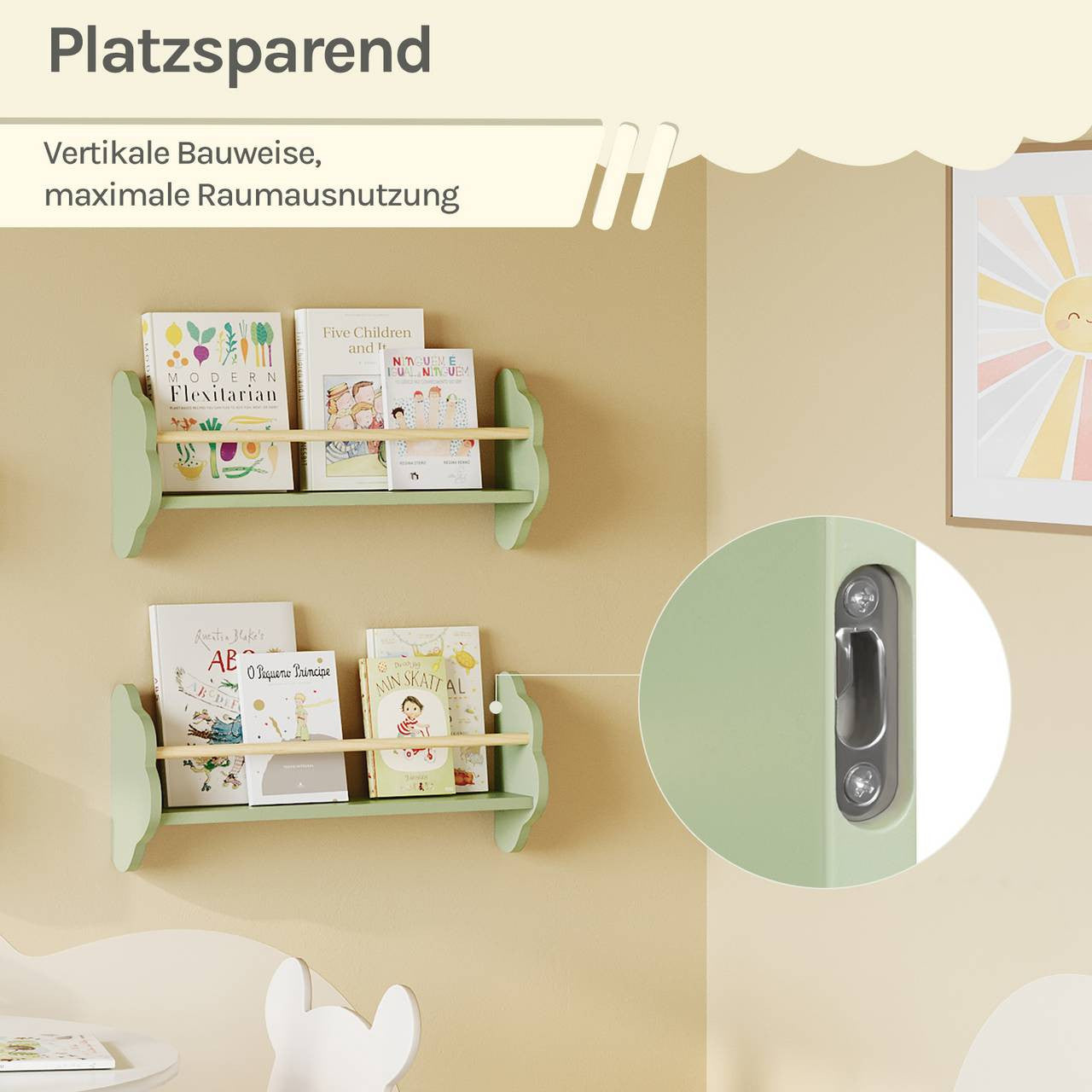 24goodz Set of 3 Children's Bookshelves - Adorable Cloud Design - E1 MDF and Pine Wood - For Kids - 45/55/65 x 12.7 x 23 cm
