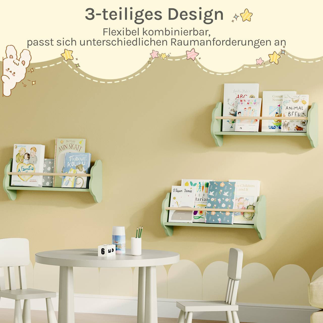 24goodz Set of 3 Children's Bookshelves - Adorable Cloud Design - E1 MDF and Pine Wood - For Kids - 45/55/65 x 12.7 x 23 cm