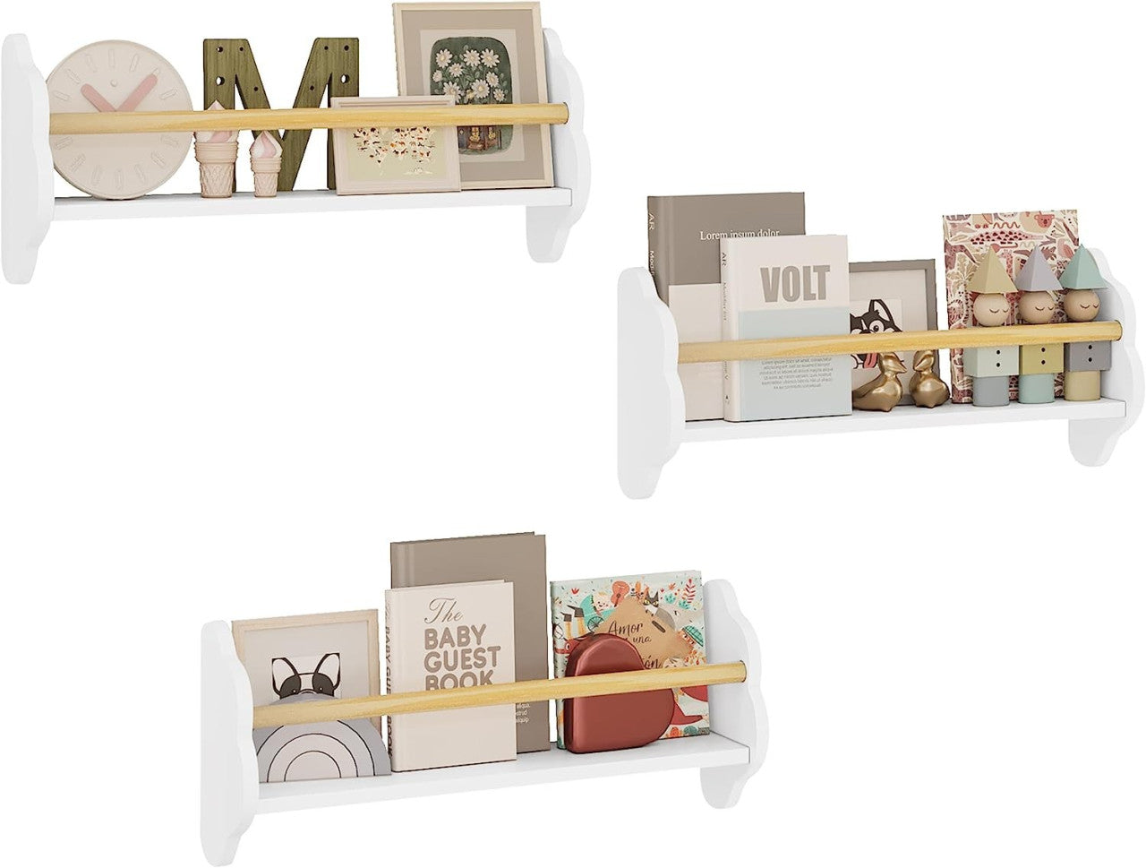 24goodz Set of 3 Children's Bookshelves - Charming Cloud Design - E1 MDF and Pine Wood - For Kids - White