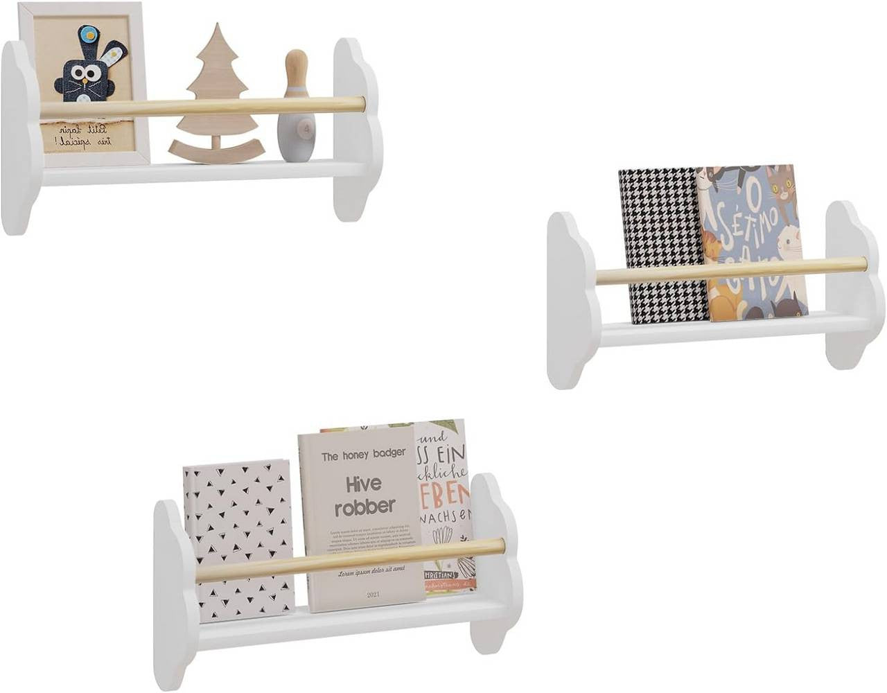 24goodz Set of 3 Children's Bookshelves - Charming Cloud Design - E1 MDF and Pine Wood - For Kids - White