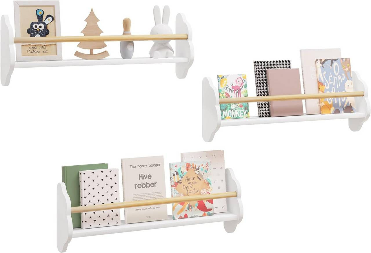 24goodz Set of 3 Kids' Bookshelves - Charming Cloud Design - E1 MDF and Pine Wood - For Children's Rooms - White 45/55/65 x 12.7 x 23 cm