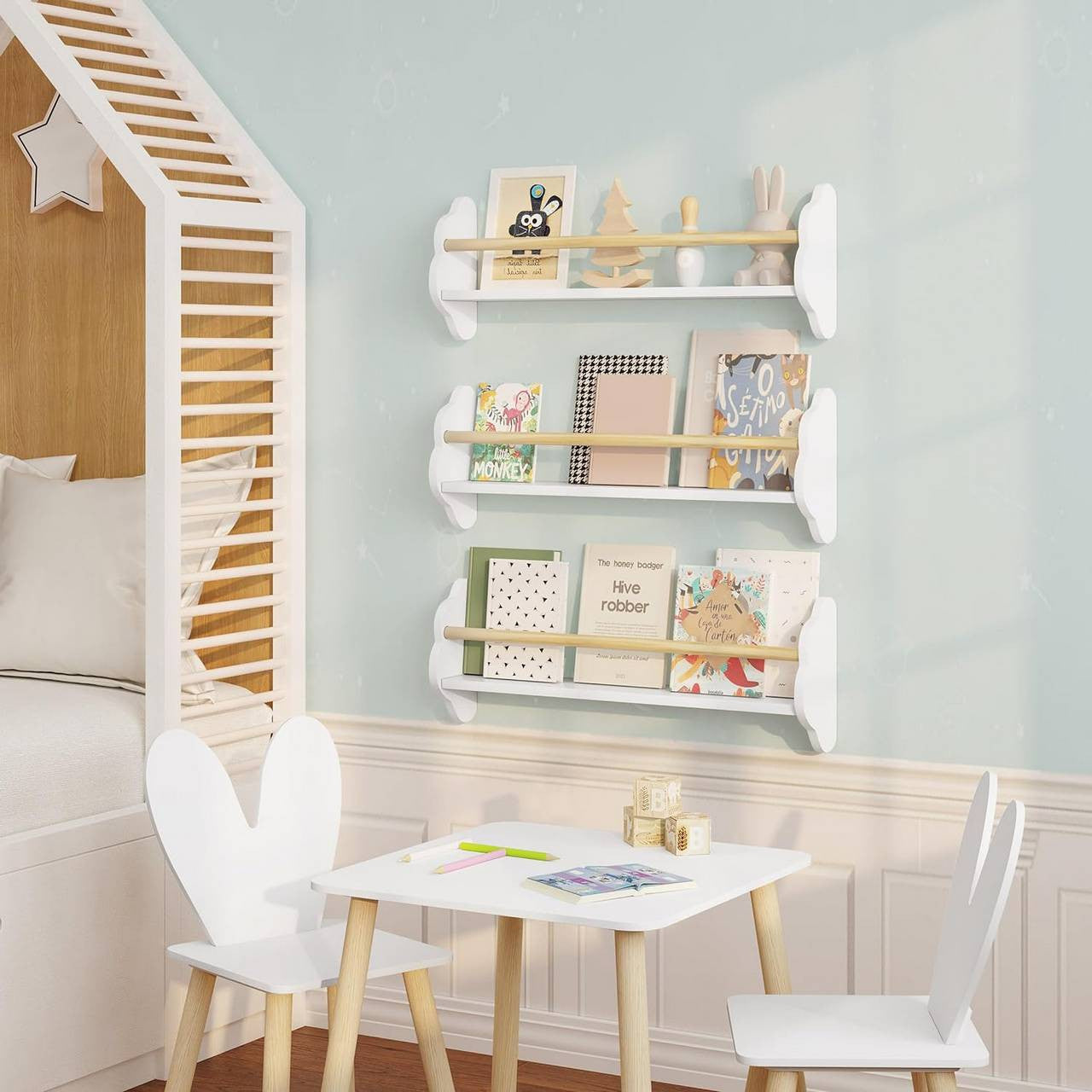 24goodz Set of 3 Kids' Bookshelves - Charming Cloud Design - E1 MDF and Pine Wood - For Children's Rooms - White 45/55/65 x 12.7 x 23 cm