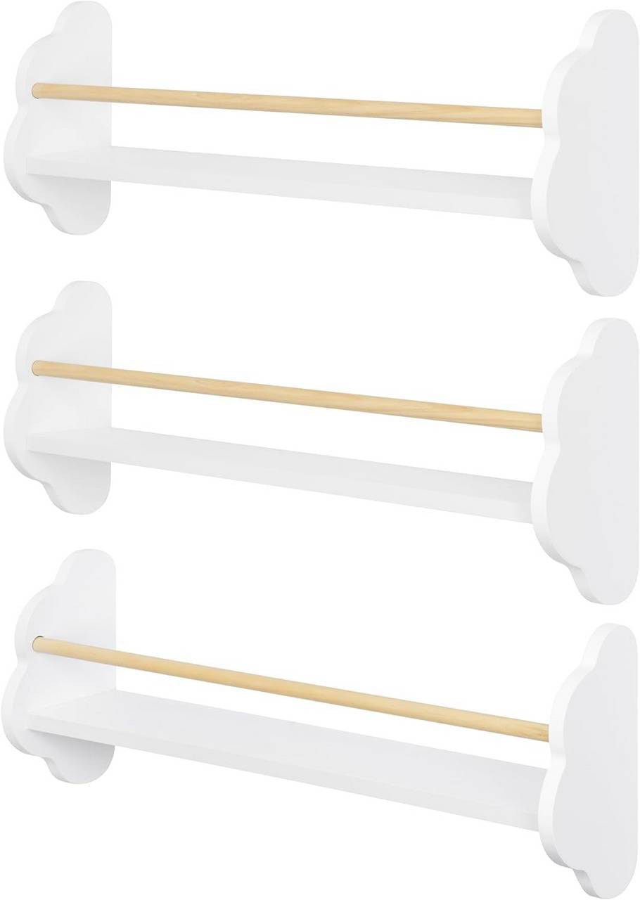 24goodz Set of 3 Kids' Bookshelves - Charming Cloud Design - E1 MDF and Pine Wood - For Children's Rooms - White 45/55/65 x 12.7 x 23 cm
