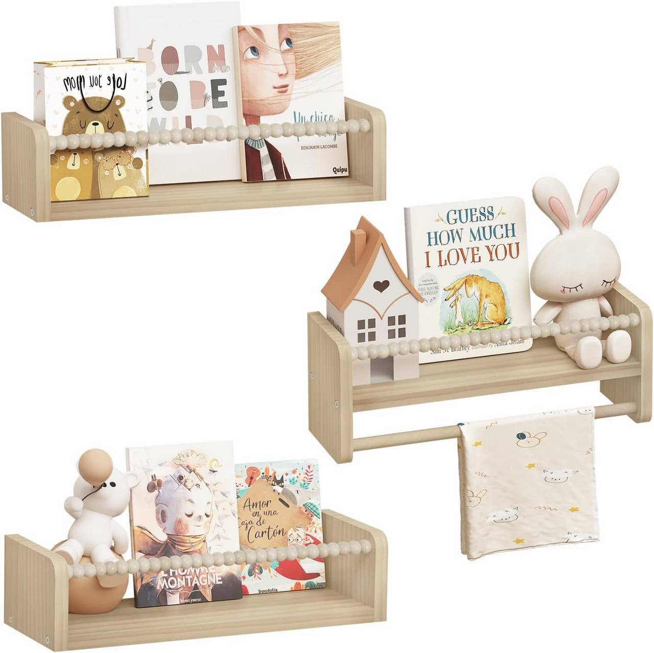 24goodz Set of 3 Floating Bookshelves - Customizable Height - Solid Pine Wood - For Children - Natural Wood Colour