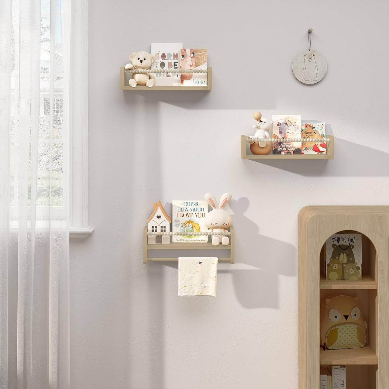 24goodz Set of 3 Floating Bookshelves - Customizable Height - Solid Pine Wood - For Children - Natural Wood Colour