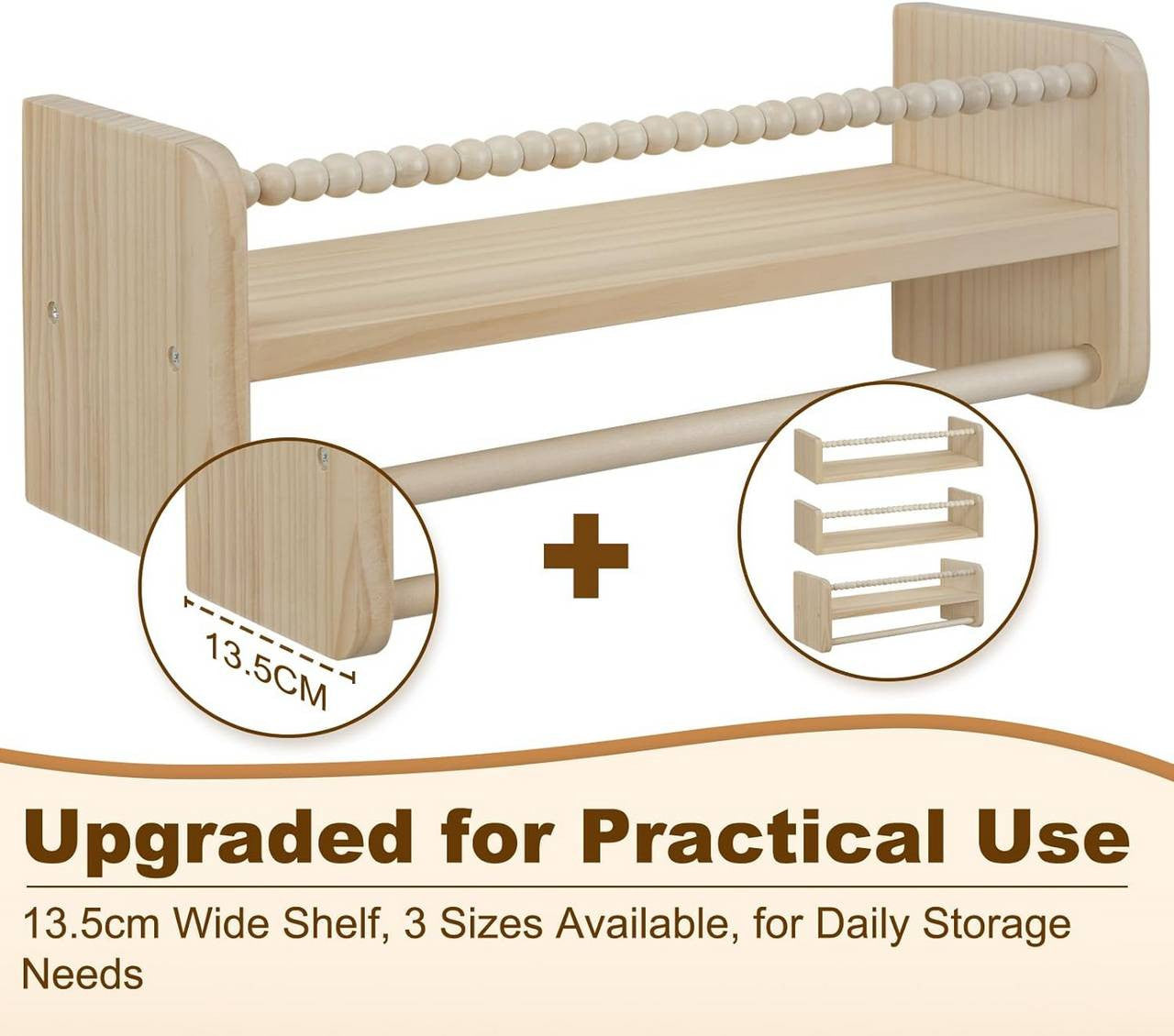 24goodz Set of 3 Floating Bookshelves - Customizable Height - Solid Pine Wood - For Children - Natural Wood Colour