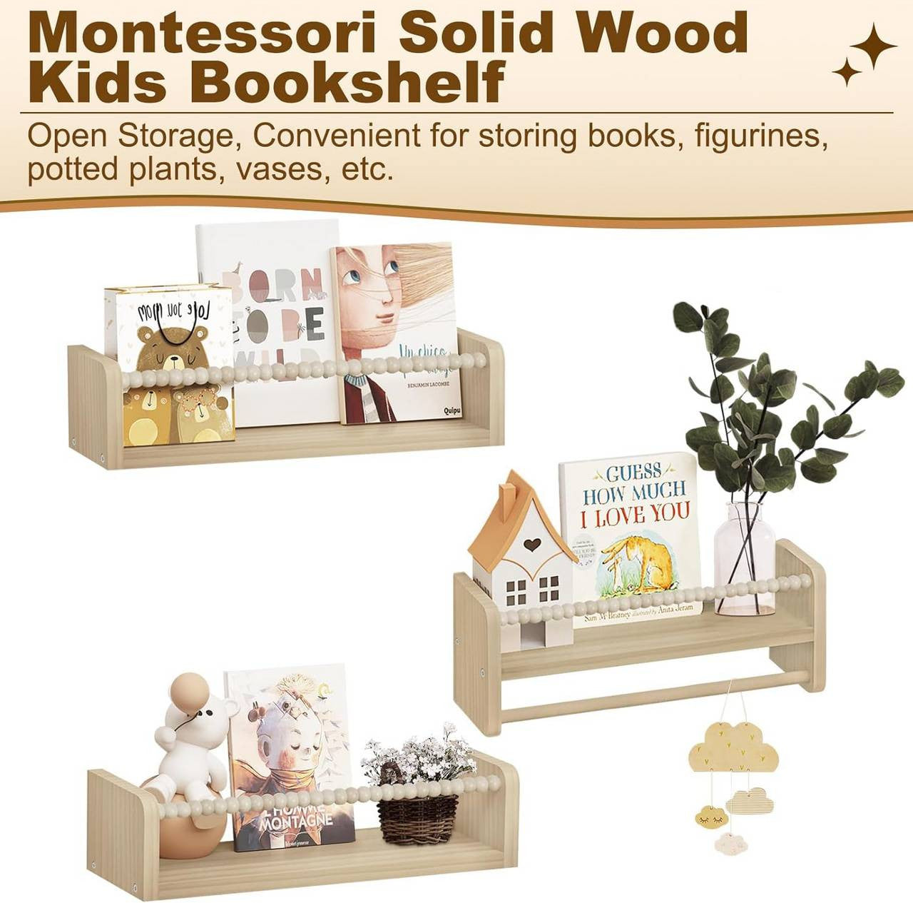 24goodz Set of 3 Floating Bookshelves - Customizable Height - Solid Pine Wood - For Children - Natural Wood Colour