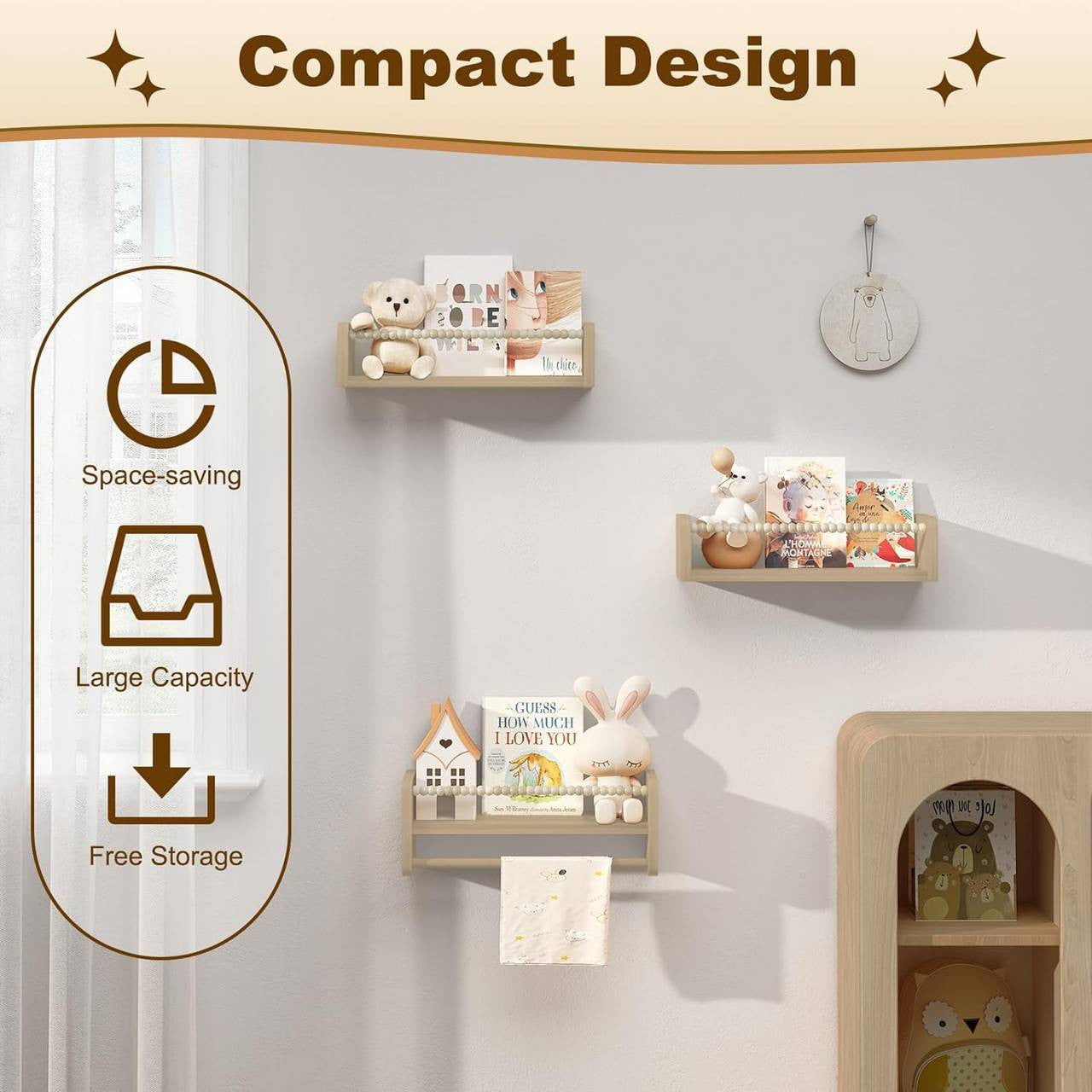 24goodz Set of 3 Floating Bookshelves - Customizable Height - Solid Pine Wood - For Children - Natural Wood Colour